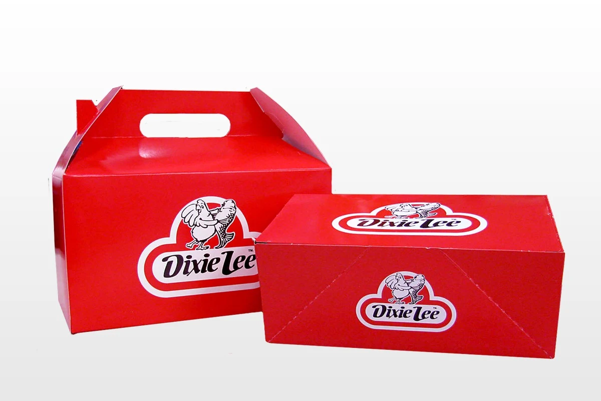 Red takeout boxes with Dixie Lee logo.